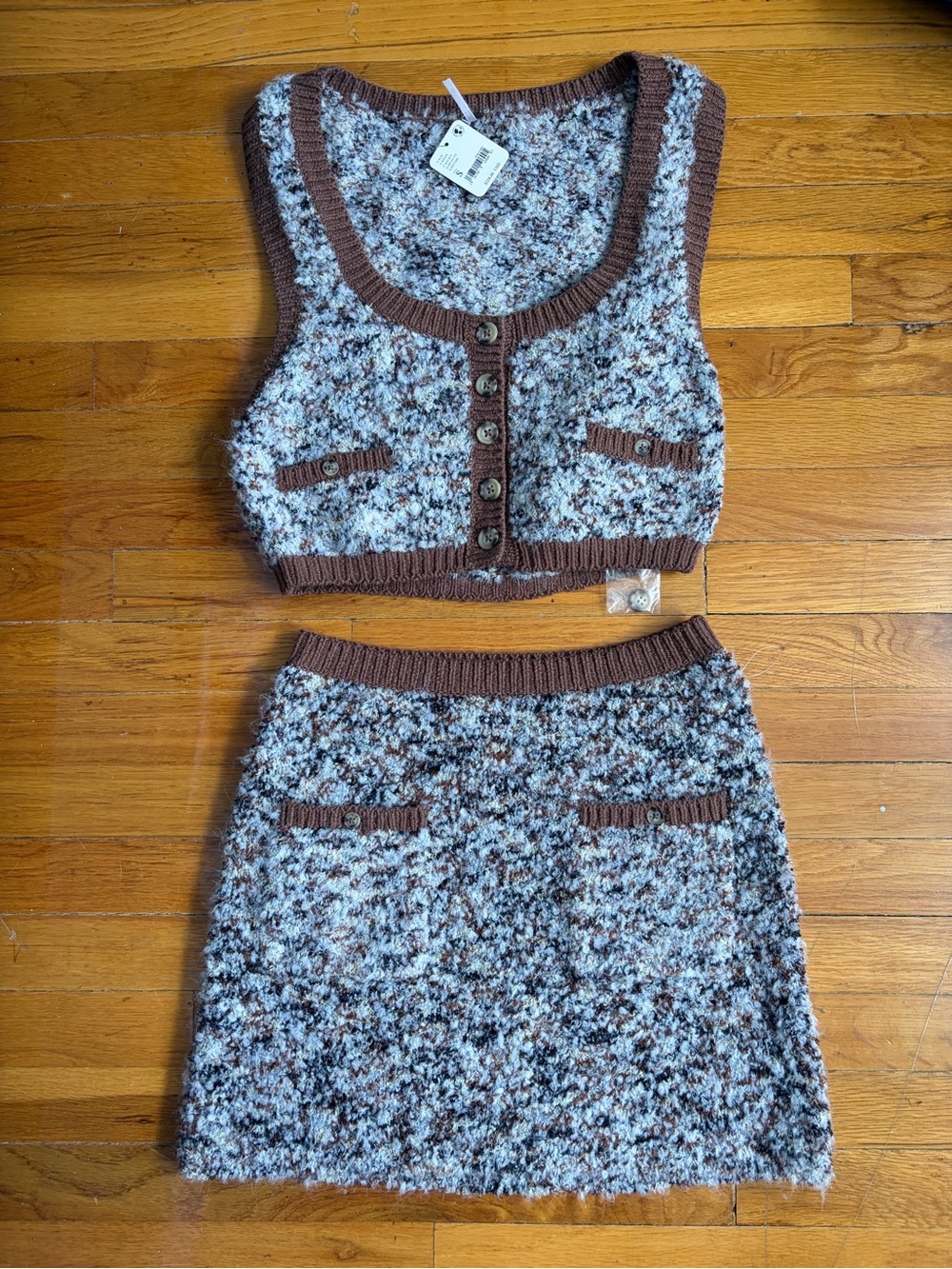 Free People Speckled Brown & Cream Knit Tank and Skirt Set